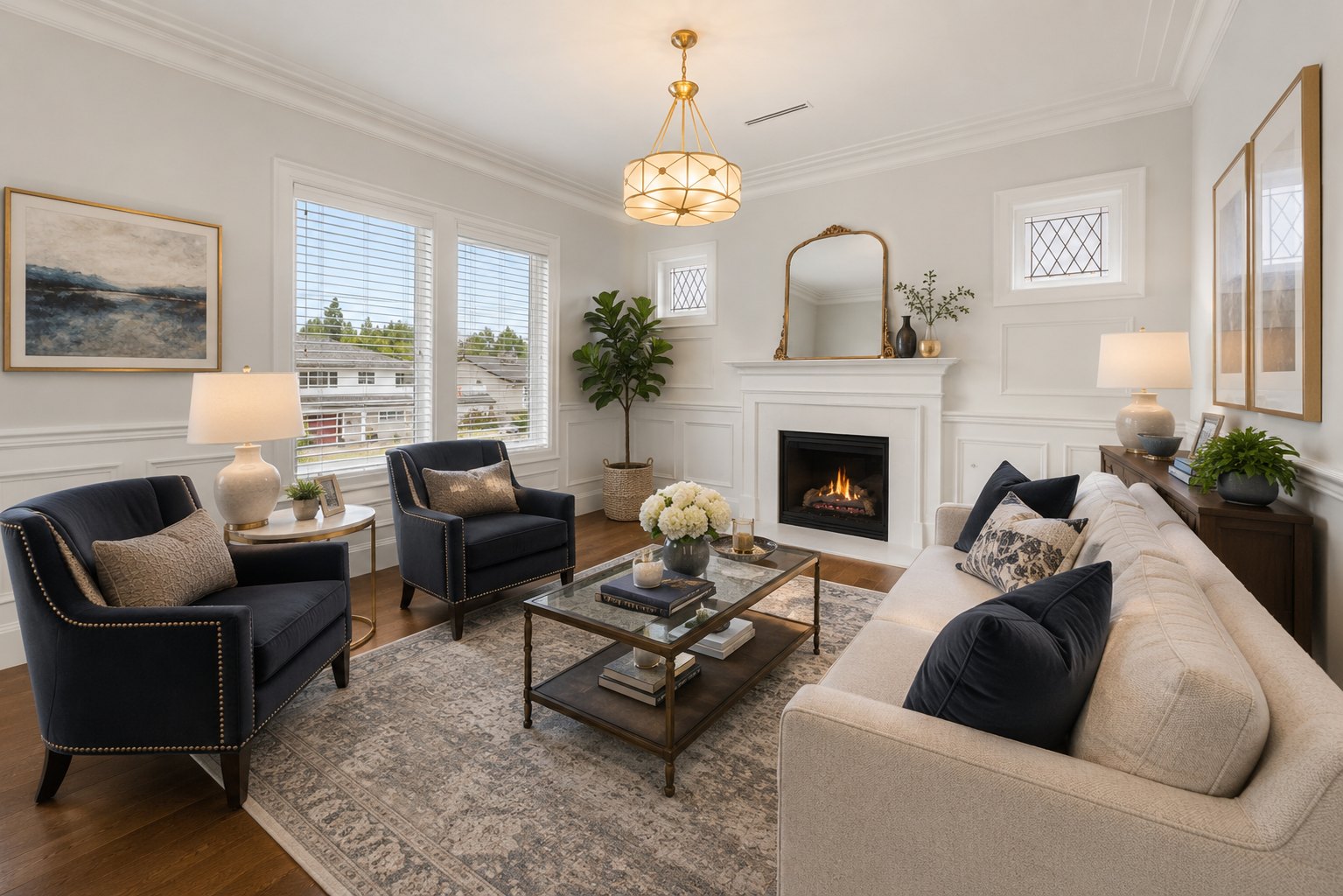 Formal living room with panelled walls, a white fireplace and navy armchairs in a Kijee custom home