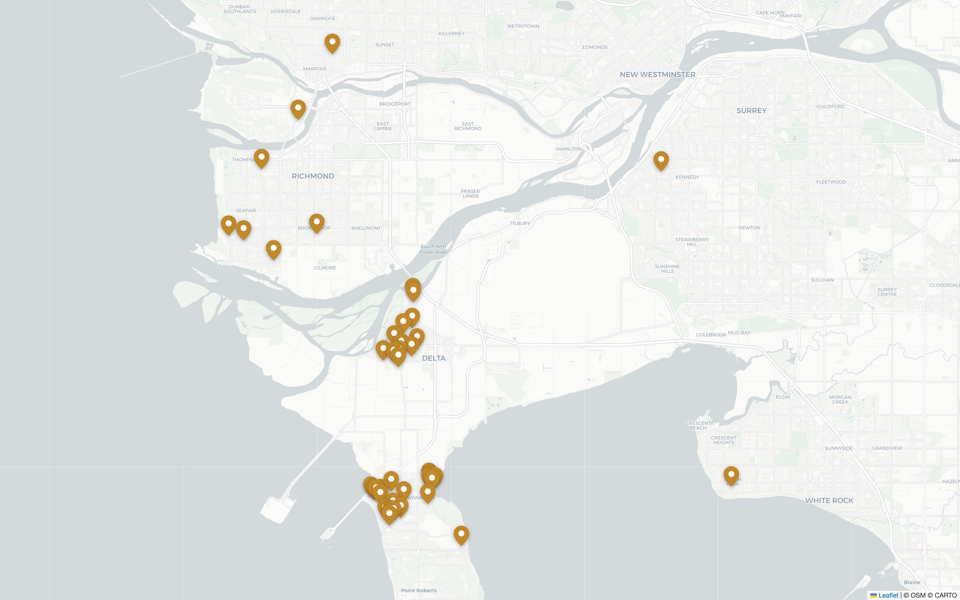 Map of the Lower Mainland with pins marking the streets Kijee has built on, clustered around Ladner and Tsawwassen